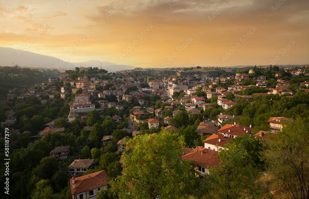 Panoramic view of Safranbolu city at sunset. UNESCO World Cultural Heritage list. Turkey's historical and touristic travel places. Karabuk, Turkey 