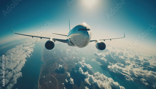 Passenger airplane flying traveling above sea and land