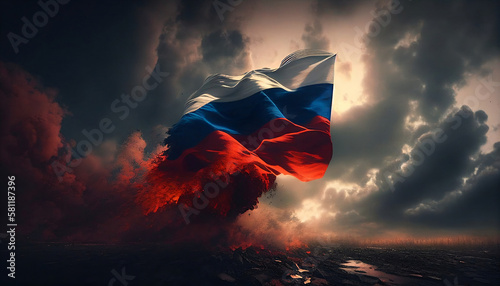 Russian flag is waving against the sunset and the epic light photo