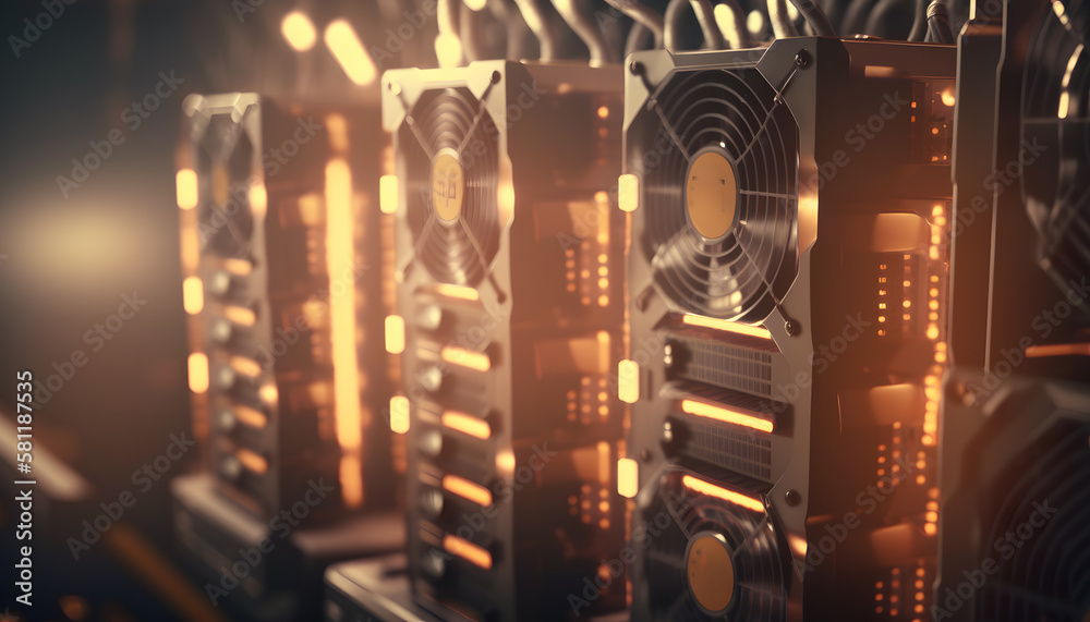 Obraz premium Bitcoin mining farm. Electronic devices cryptocurrency miners. Generation AI