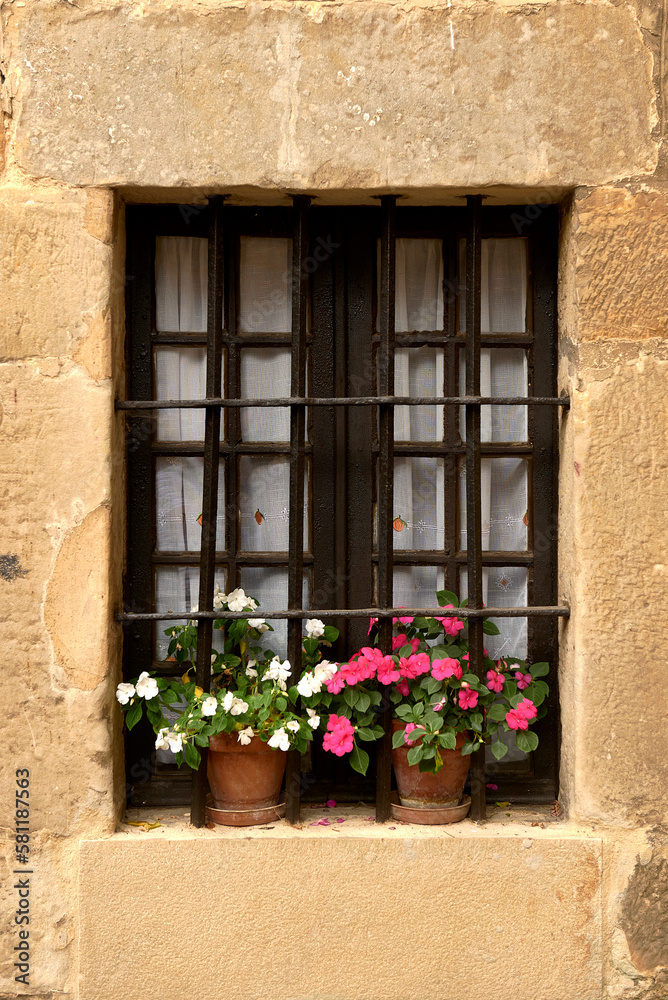 A window of a rustic house with railings and flowerpots A window of a rustic house with railings and flowerpots