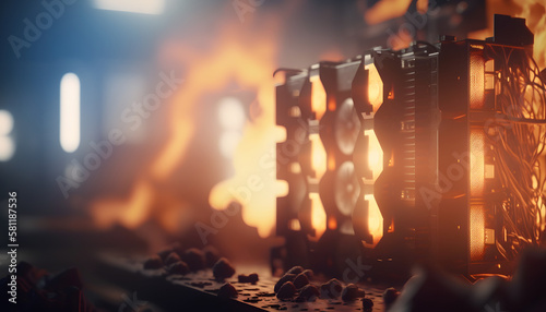 Bitcoin mining farm burning. Electronic devices cryptocurrency miners in fire. Generation AI