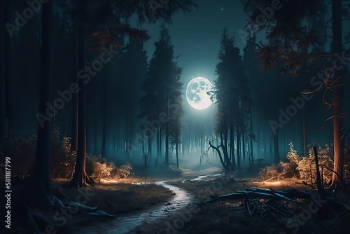 dark and mysterious forest  with moonlight - panorama. Generative ai