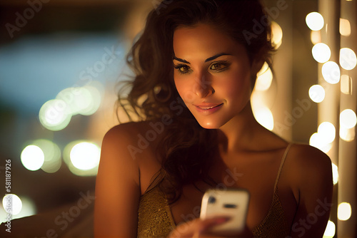 Vászonkép fictional brunette woman looking at a cell phone at night, depth of field, blurr