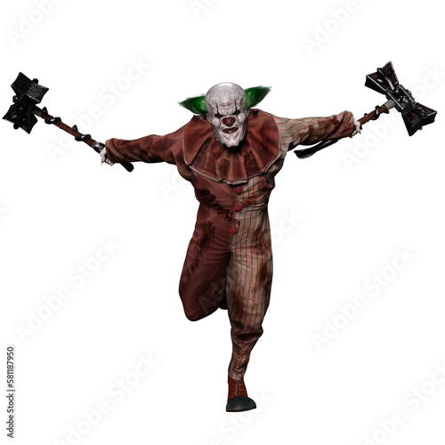A 3d rendered scry clown holding two hammers on his hands isolated on a white background. HWWO Stock  photo