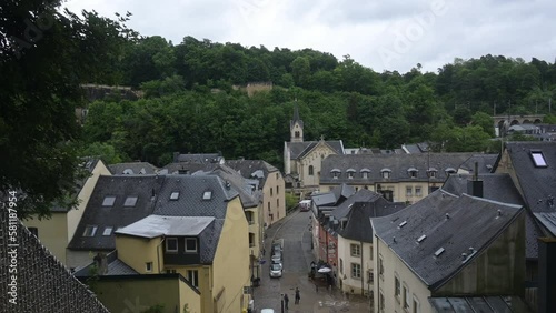 Aerial footage from the Pfaffenthal panoramic elevator with view of residential buildings photo