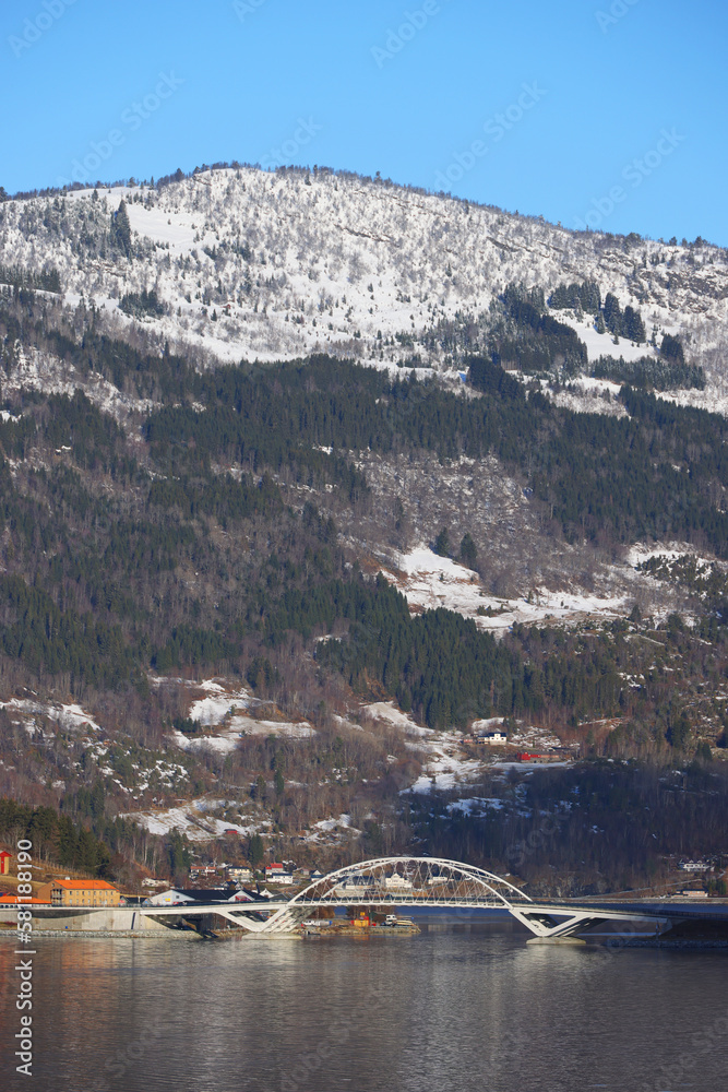 Obraz premium Image of Sogndalsfjora city on the shores of Sogndal Fjord in Norway, Europe