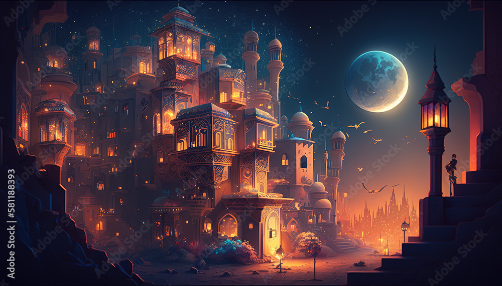 Fototapeta premium Islamic Ramadan Kareem Background with Mosque and Lanterns