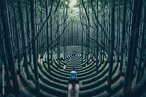 Person is looking for way out of psychedelic maze. A surreal labyrinth in magical forest. Human consciousness is at dead end, searching for solutions. Created with Generative AI