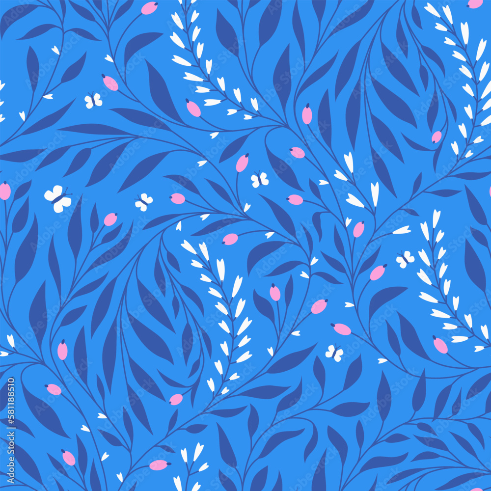 Vector seamless floral pattern with pink flowers and white butterflies on a blue background Vector seamless floral pattern with pink flowers and white butterflies on a blue background
