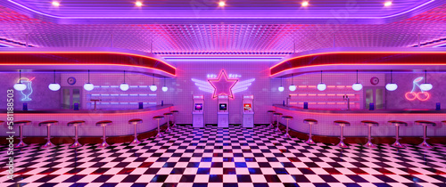 Retro diner interior with tile floor, neon illumination, vintage arcade machine and bar stools. 3d illustration.