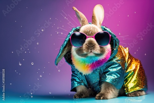 portrait of bunny rabbit celebrating easter festival with splash glittering rainbow papers background.generative ai.