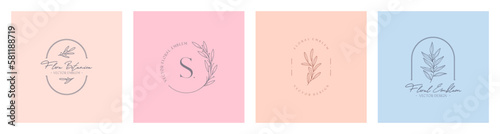 Vector feminine floral emblems.Elegant  logo designs with linear branches and frames.Modern botanical badges in trendy minimalist style.Branding boho design templates.