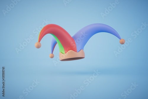 Obraz na płótnie a multi-colored jester hat on a blue background. copy paste, copy space. 3D render