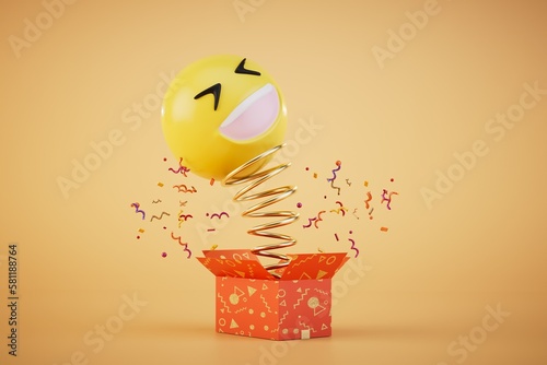 Gifts for April Fools' Day. box with a flying spring on which a laughing emoji. 3D render