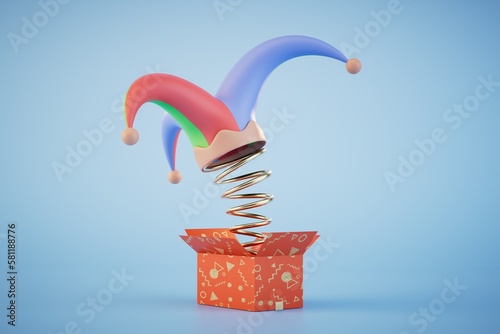 the concept of april fools' day celebrations. box with a flying spring on which the cap of the jester. 3D render
