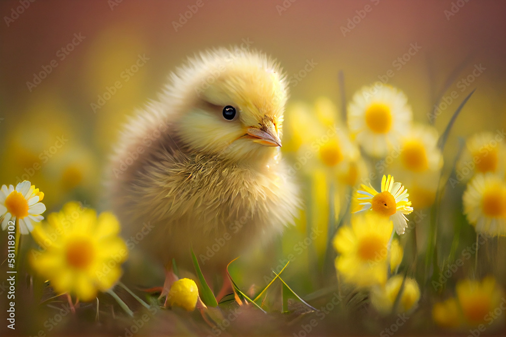 Little yellow chicken on meadow background Little yellow chicken on meadow background