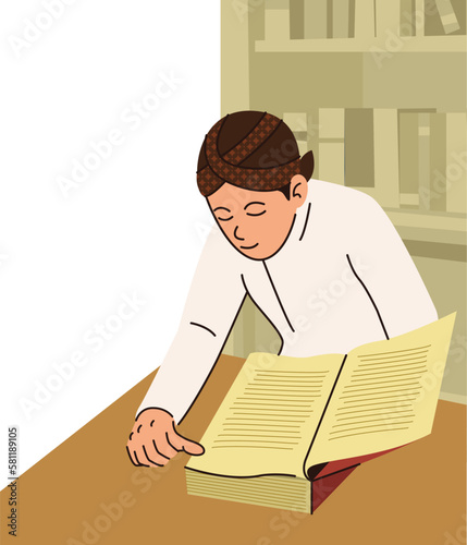 illustration of a Javanese man abdi dalem reading a book in the library photo