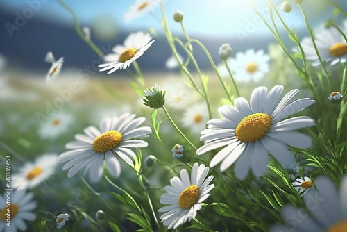 Daisies in a meadow, white and yellow summer flowers, generative AI digital illustration