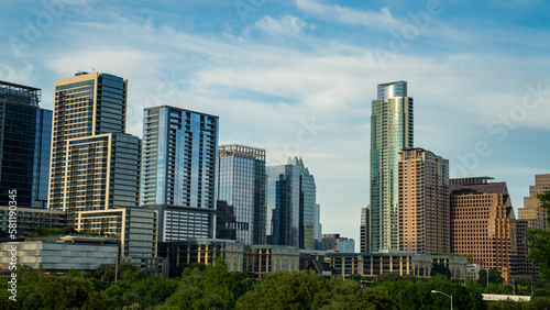 Austin, Texas; USA - May 28 2020: Downtown Austin, Texas Skyline with riverfront residential and commercial buidlings