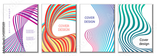 A set of 4 abstract covers. Wavy parallel gradient lines, ribbons evolve. Cover design, background. Trendy banner, poster.
