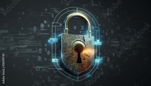 Concept of cybersecurity and data privacy protection, lock, and background of binary digits Generative AI