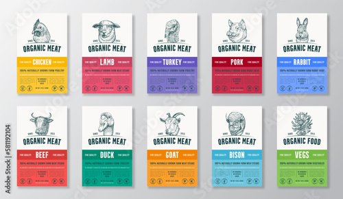 Organic Meat, Poultry, Vegetables Vector Packaging Design or Label Templates Set. Farm Grown Food Products Banners. Hand Drawn Domestic Animals Portraits Backgrounds Layout Collection