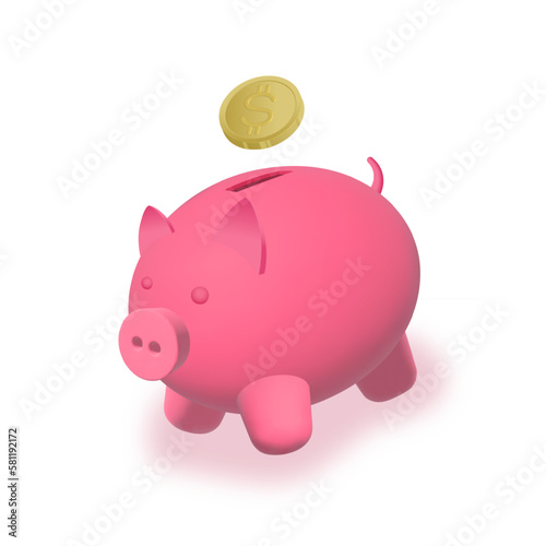 Vector 3d piggy bank icon with gold dollar. Cute pink money savings piggybank render with coin and soft shadow Isolated