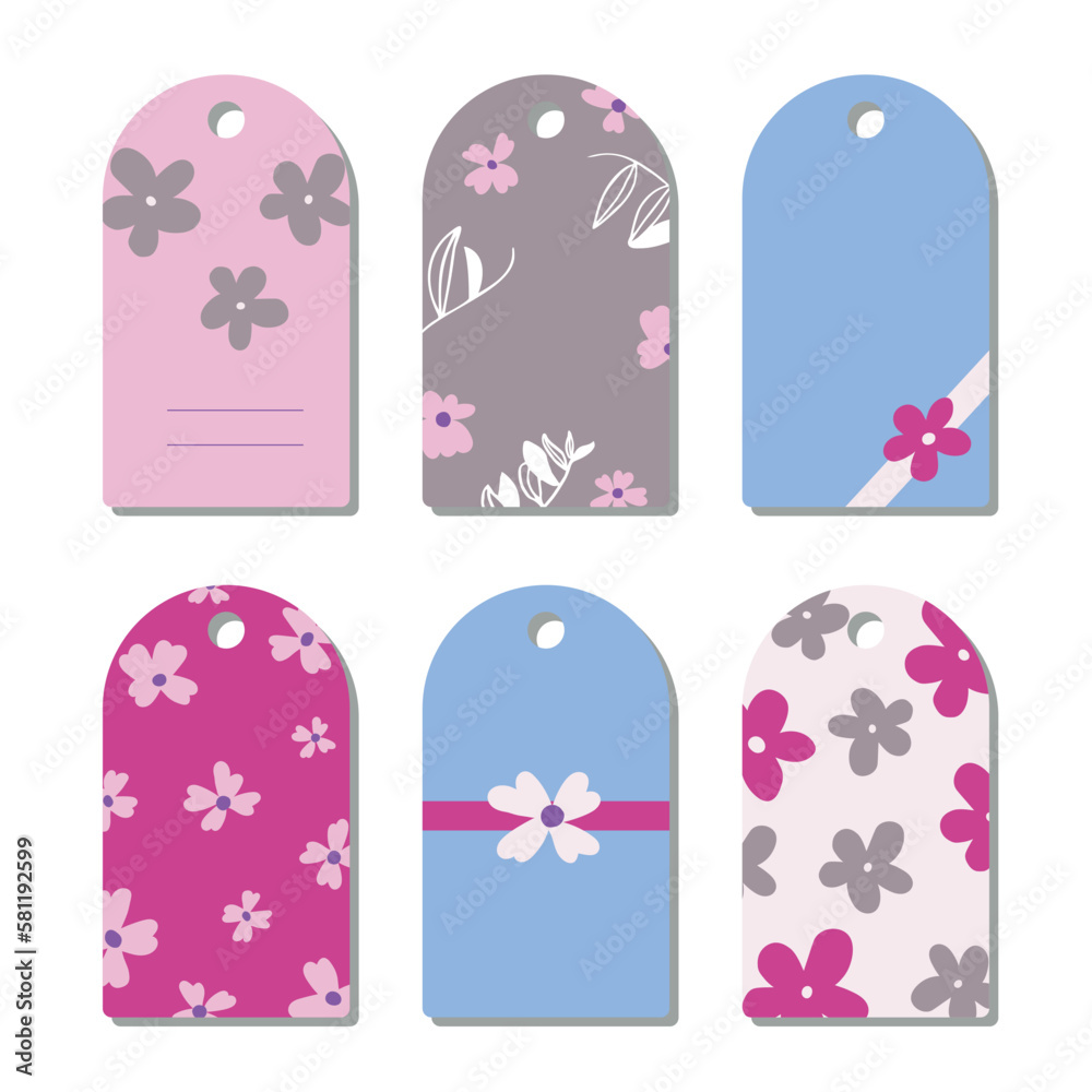 Lovely tag set with tiny hand drawn flower for print. Vector illustration. 