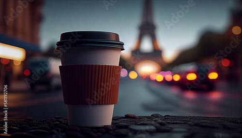 Coffee cup in front of an illuminated street with the eiffel tower in the background. Created with Generative AI technology