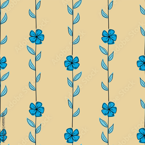 Vector pattern with blue blades of grass and flowers, spring grasses, twigs in hand-drawn style