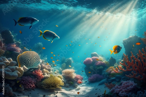 coral reef and fishes Underwater Scene  Tropical Sunshine Generative AI tool