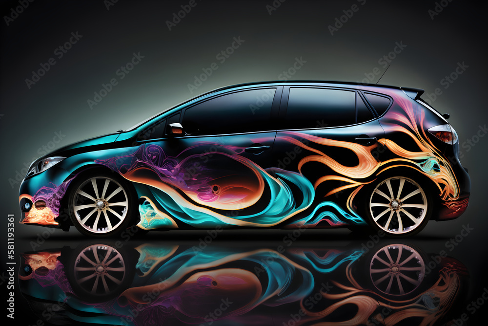 Aerography on car side colorful fire image, poster, banner for auto repair shop. Generative AI Aerography on car side colorful fire image, poster, banner for auto repair shop. Generative AI