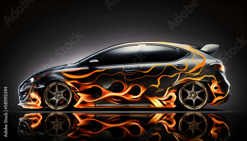 Aerography on car side colorful fire image, poster, banner for auto repair shop. Generative AI
