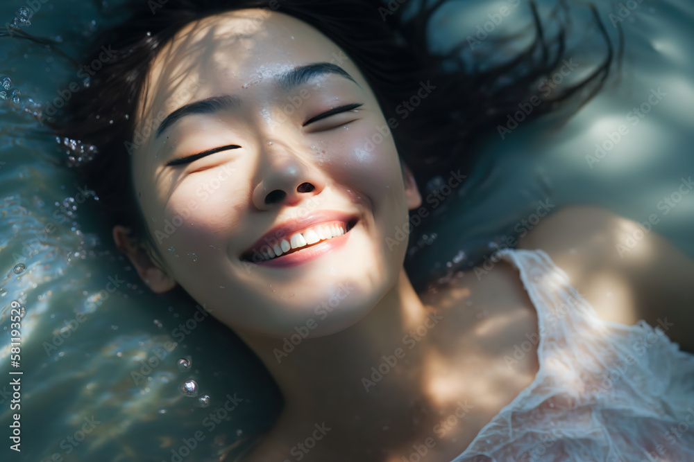 Asian girl tourist on wellness spa relaxation in swimming pool. Generative AI illustration.