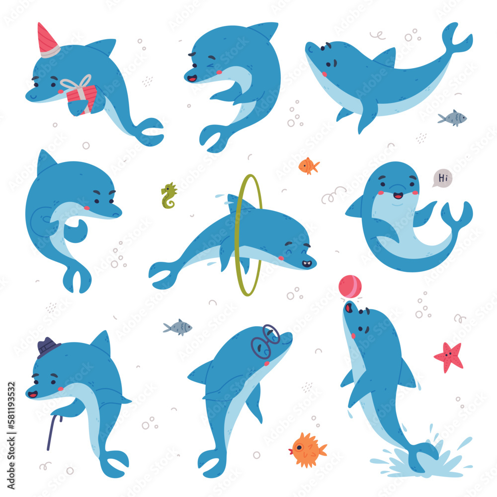 Cute blue dolphins set. Funny happy underwater animals performing tricks in dolphinarium cartoon vector illustration Cute blue dolphins set. Funny happy underwater animals performing tricks in dolphinarium cartoon vector illustration