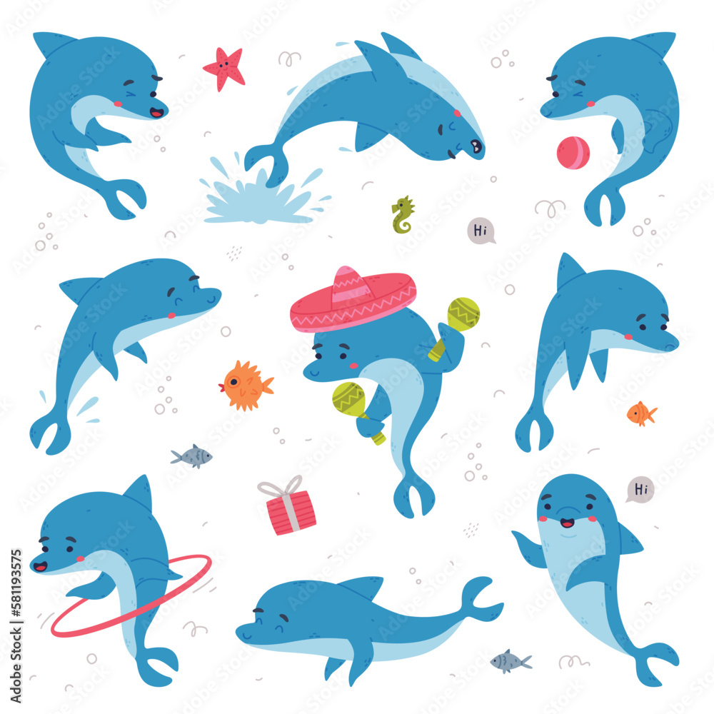 Obraz premium Cute blue dolphins set. Funny happy underwater animals playing and performing tricks cartoon vector illustration