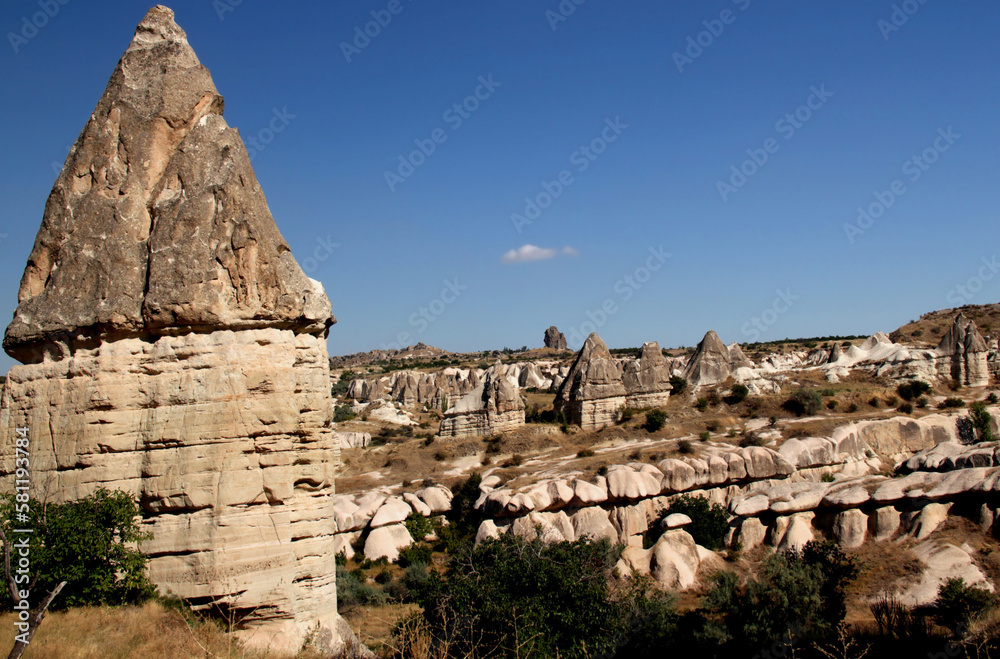 Amazingly shaped mountains (also called mushrooms) in the Zemi Valley near Goreme, Cappadocia, Turkey
