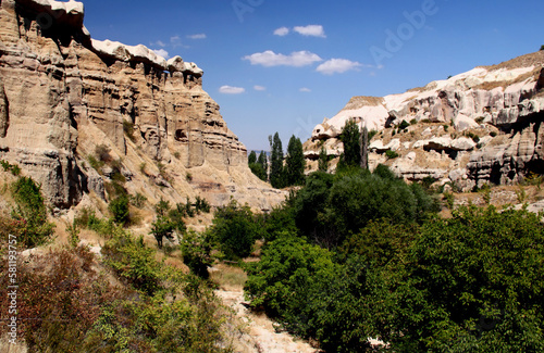 Amazing mountains in the Pigeon Valley near the towns of Goreme and Uchisar in Cappadocia, Turkey