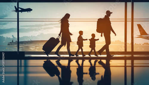 Girl pointing at airplanes through a window as a family traveling with a young child and luggage makes their way to the departure gate in this abstract illustration of global travel - Generative AI