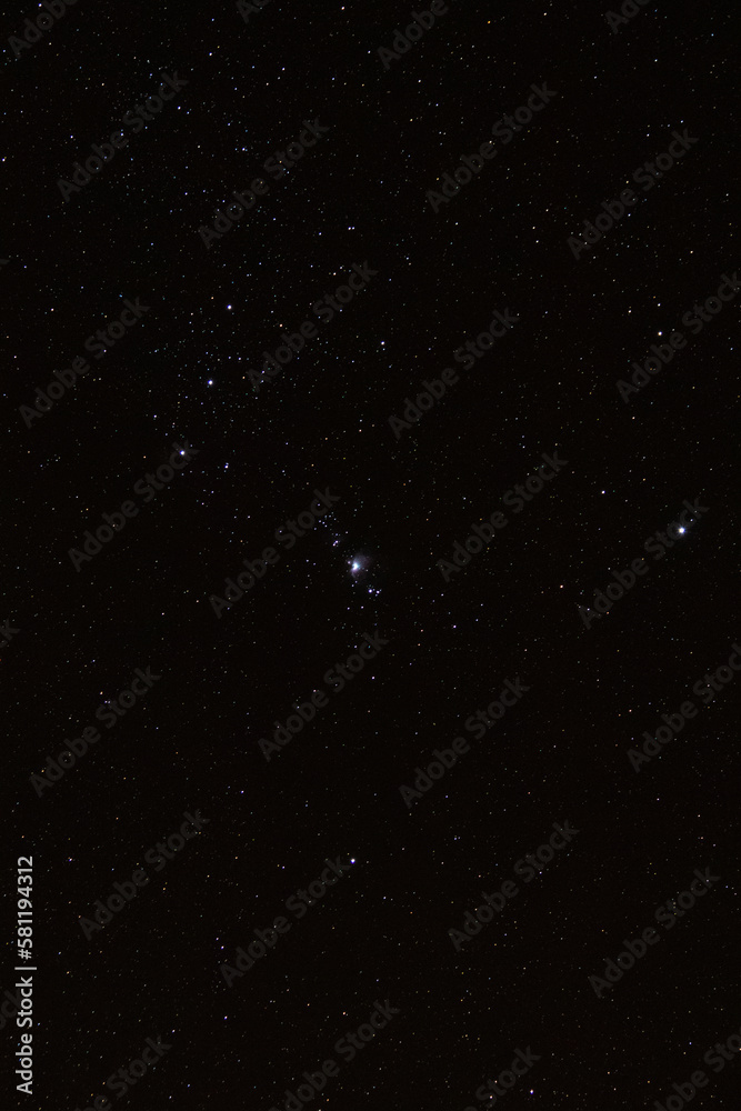 The Orion Nebula on a field of stars in the night sky.