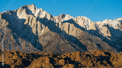 Panoramic view of Lone Pine Peak in the Mount Whitney Sierra Nevada mountain range as seem from Alabama Hills BLM land along Highway 295 in eastern California, USA