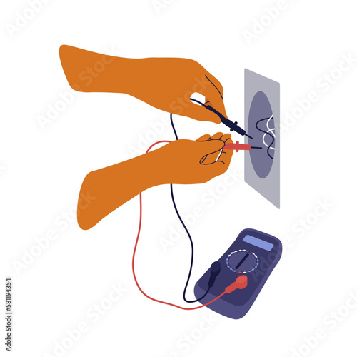 Electrician hands holding electrical tester and testing voltage in electric outlet. Electricity test technology, measurement. Tool check resistance power, amperage. Engineer worker vector illustration