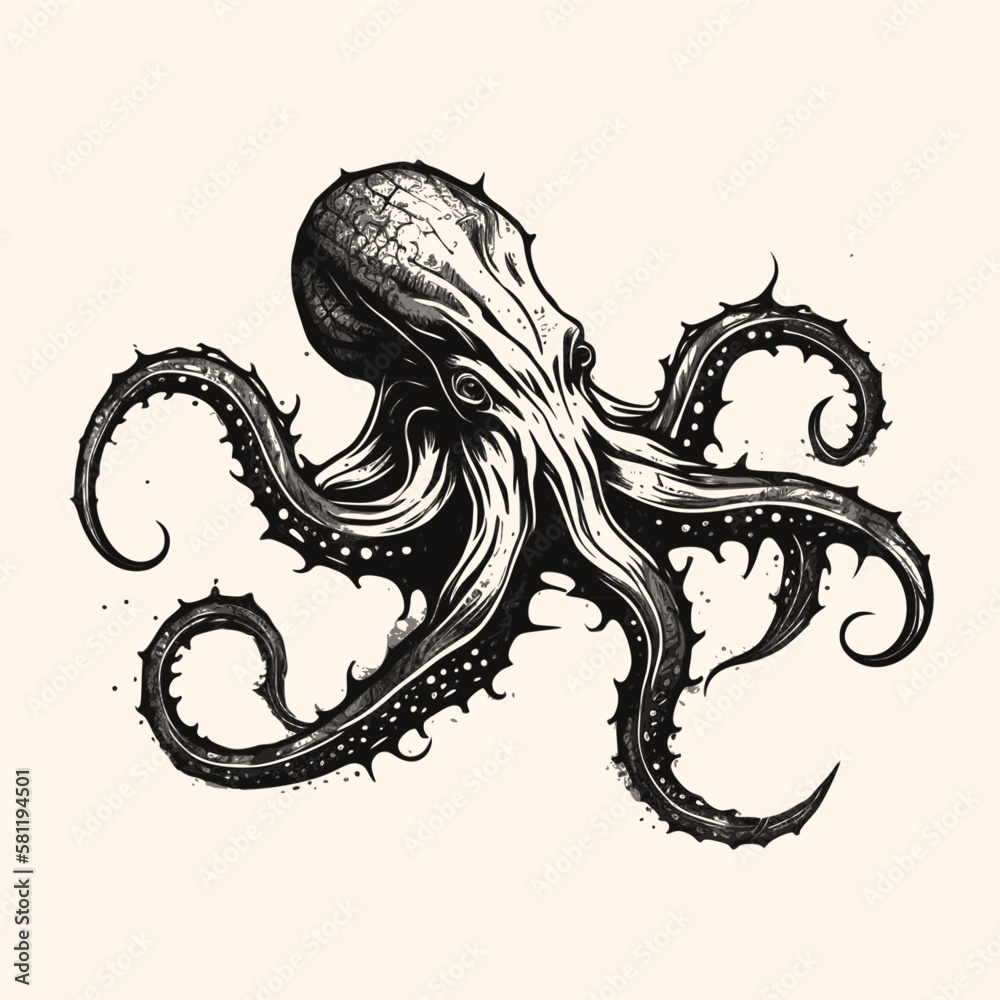 Fototapeta premium Black and White Kraken,Cthulhu,Octopus Silhouette Ornament Vector Art for Logo and Icon