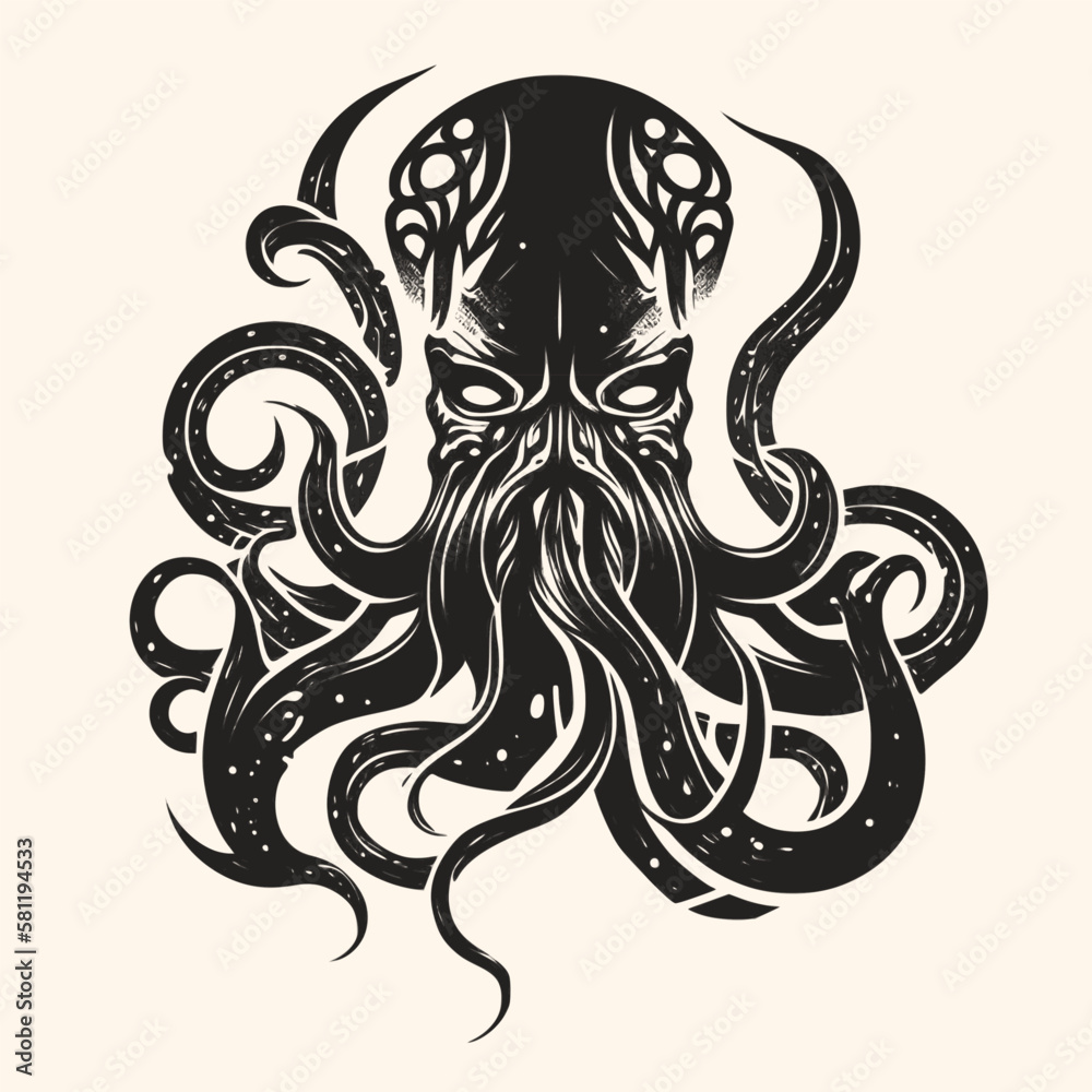 Black and White Kraken,Cthulhu,Octopus Silhouette Ornament Vector Art for Logo and Icon