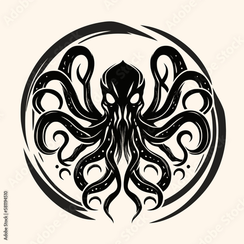 Black and White Kraken,Cthulhu,Octopus Silhouette Ornament Vector Art for Logo and Icon