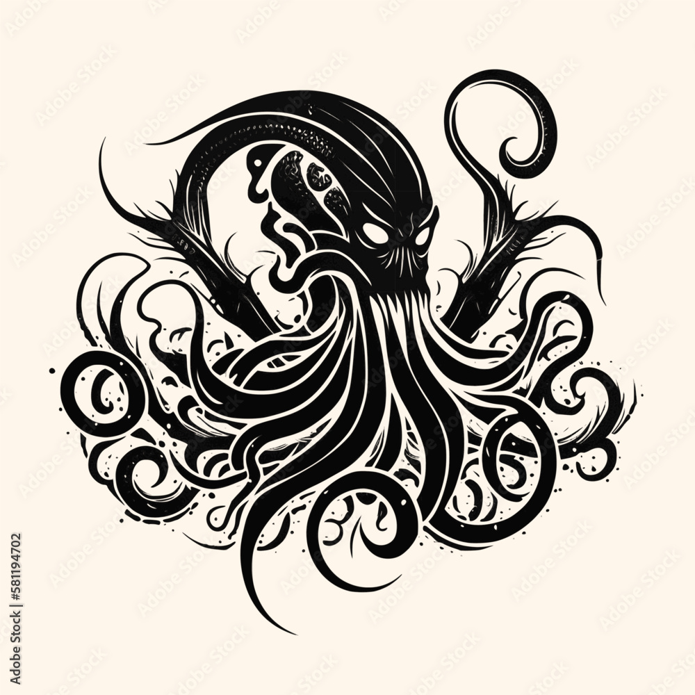 Fototapeta premium Black and White Kraken,Cthulhu,Octopus Silhouette Ornament Vector Art for Logo and Icon