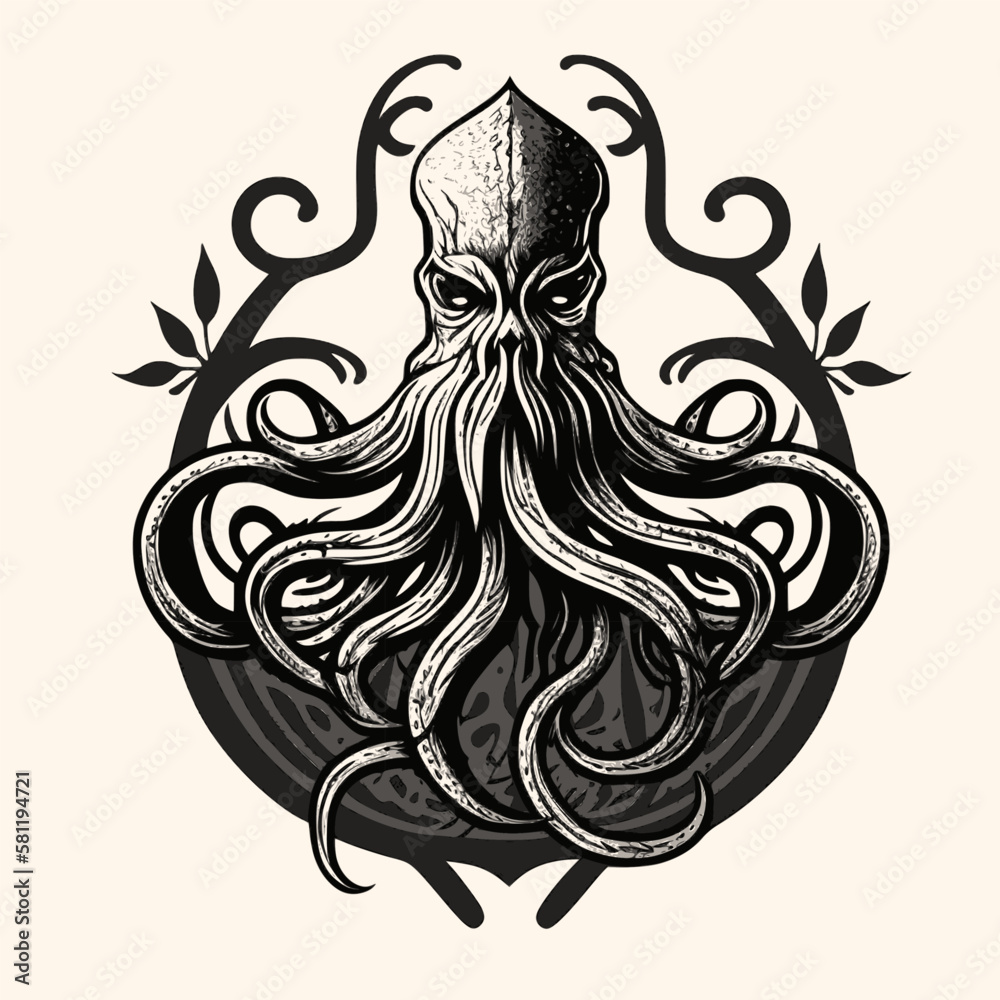 Obraz premium Black and White Kraken,Cthulhu,Octopus Silhouette Ornament Vector Art for Logo and Icon