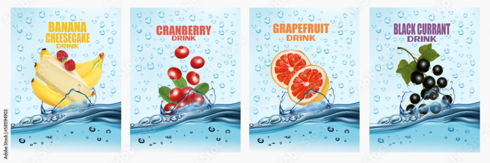 Set of labels with fruit and berry drinks. Fresh fruits juice splashing together- banana, cheesecake, cranberry, grapefruit, black currant water drink splashing. 3d fresh fruits. Vector illustration