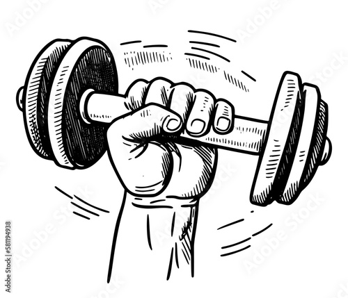 A cartoon-style, hand-drawn vector illustration sketch of a strong arm holding a dumbbell